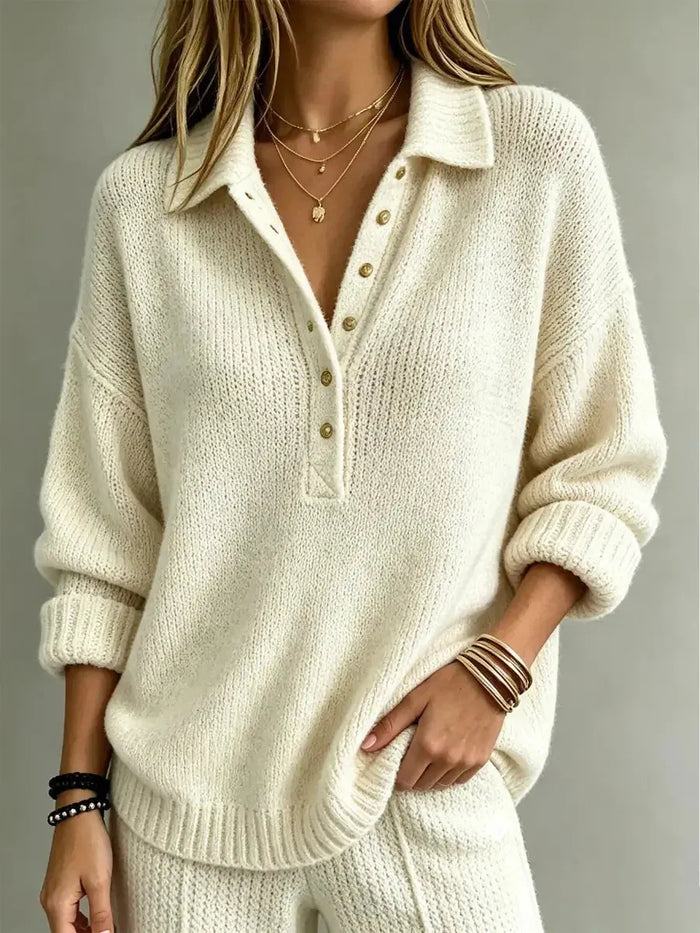 White Women's Button-Front Collared Polo Sweater with Ribbed Cuffs