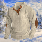 Beige Men's Button Sweater with Stand Collar & Elbow Patches