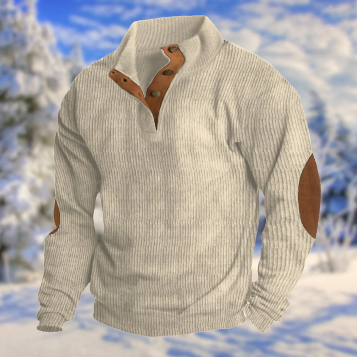 Beige Men's Button Sweater with Stand Collar & Elbow Patches