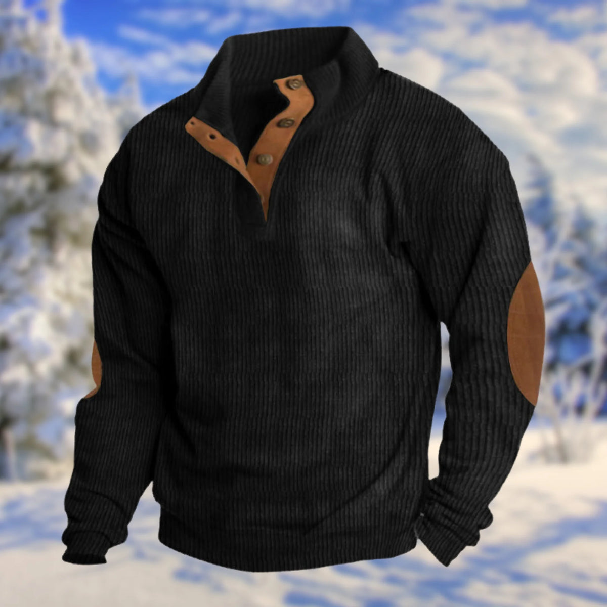 Black Men's Button Sweater with Stand Collar & Elbow Patches