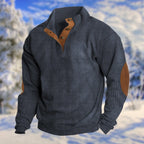 Blue Men's Button Sweater with Stand Collar & Elbow Patches