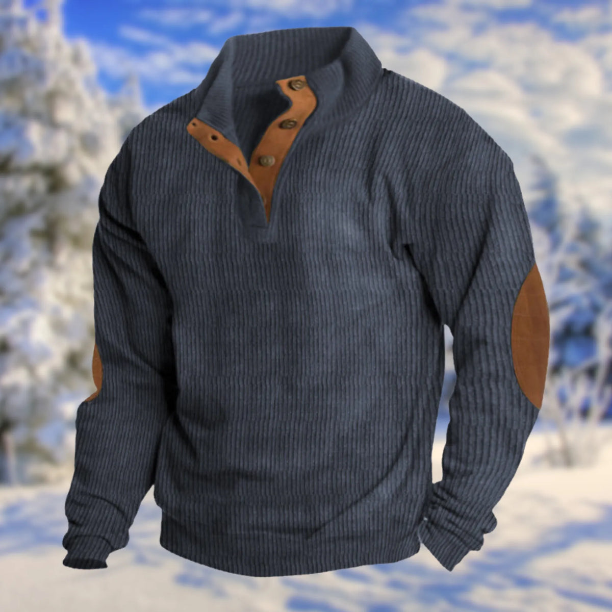 Blue Men's Button Sweater with Stand Collar & Elbow Patches