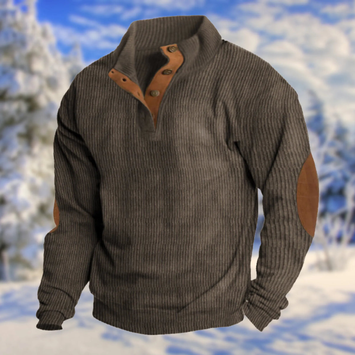Dark Brown Men's Button Sweater with Stand Collar & Elbow Patches - Angled Pose