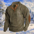 Dark Grey Men's Button Sweater with Stand Collar & Elbow Patches