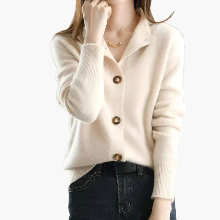 Beige Women's Button Up Cardigan — Carla Relaxed-Fit Notched Collar Cropped - Front Full