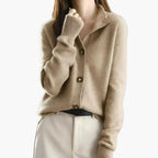 Khaki Women's Button Up Cardigan — Carla Relaxed-Fit Notched Collar Cropped - Close Up Collar
