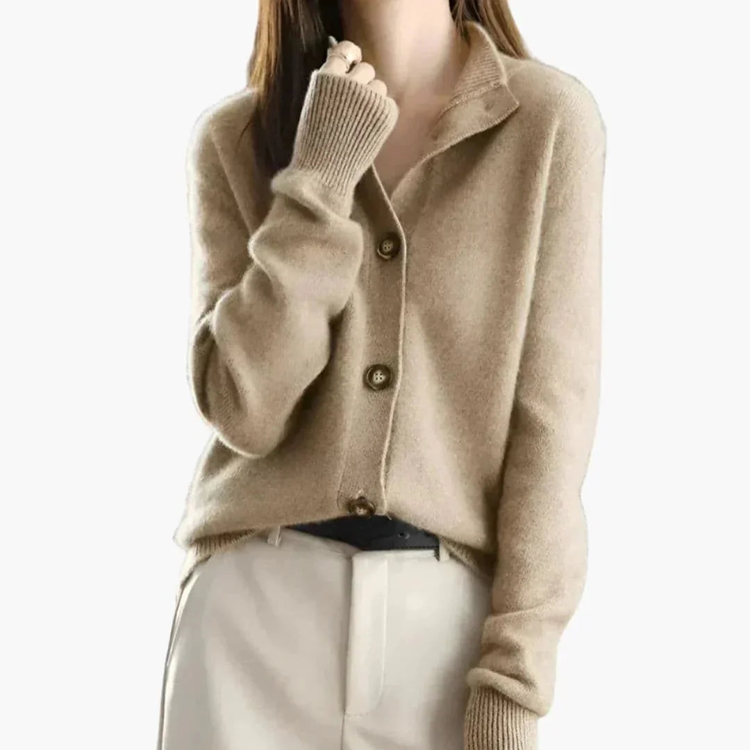 Khaki Women's Button Up Cardigan — Carla Relaxed-Fit Notched Collar Cropped - Close Up Collar