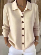 Beige Women's Button Up Cardigan — Caroline Button-Front Relaxed Collar Knit - Front Full