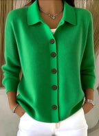 Green Women's Button Up Cardigan — Caroline Button-Front Relaxed Collar Knit - Worn Lifestyle