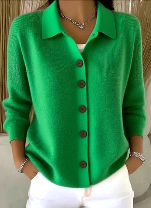 Green Women's Button Up Cardigan — Caroline Button-Front Relaxed Collar Knit - Worn Lifestyle