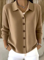 Khaki Women's Button Up Cardigan — Caroline Button-Front Relaxed Collar Knit - Front Pose