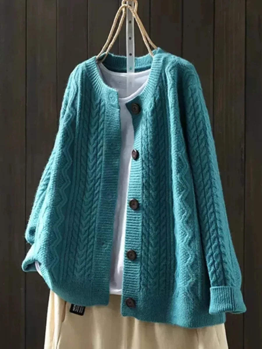 Blue Women's Cable Knit Cardigan — Sloane Button-Front Oversized Crew Neck - Front Hanging