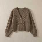 Brown Women's Cable Knit Cropped Cardigan with Button-Front Closure