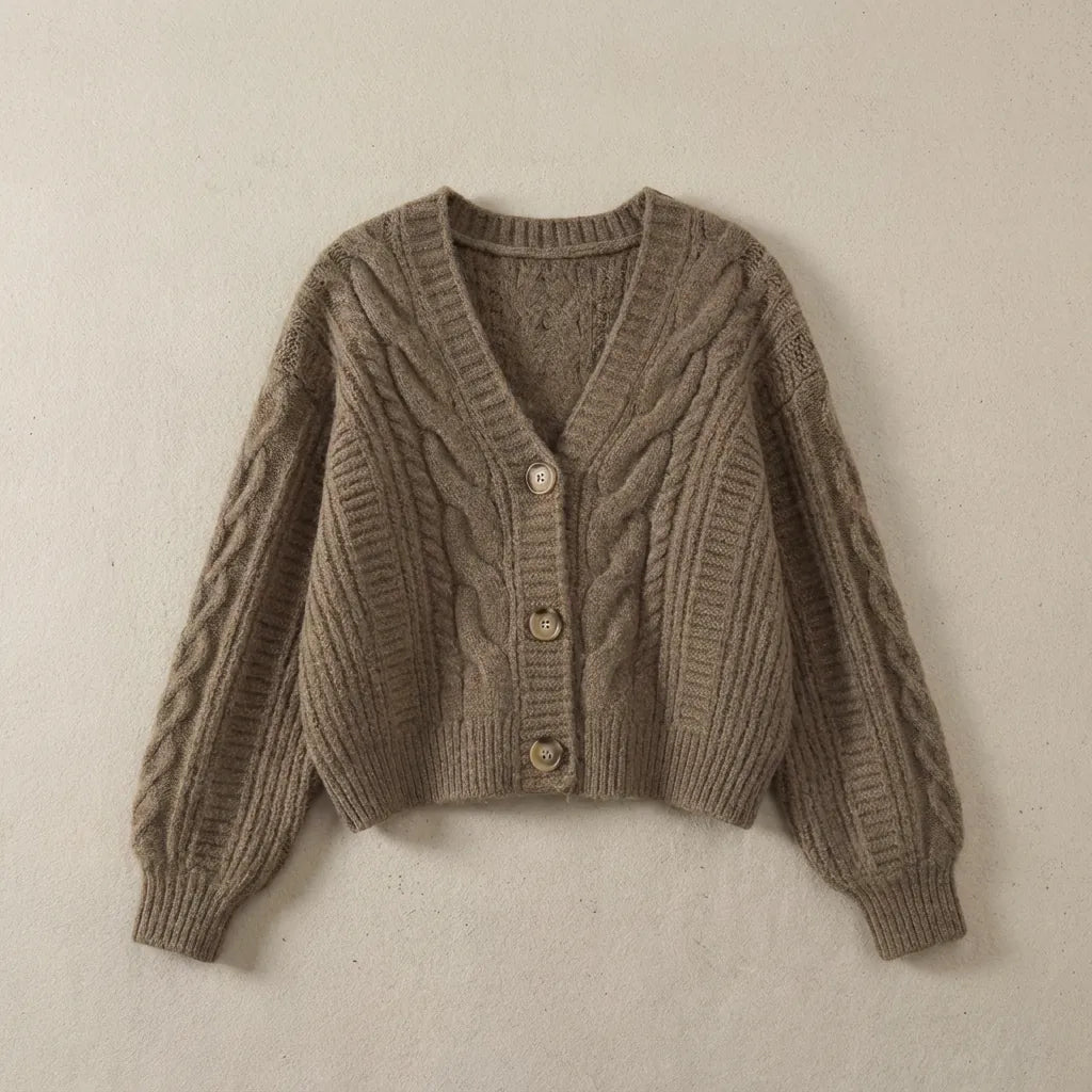 Brown Women's Cable Knit Cropped Cardigan with Button-Front Closure
