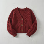 Red Women's Cable Knit Cropped Cardigan with Button-Front Closure — Diana
