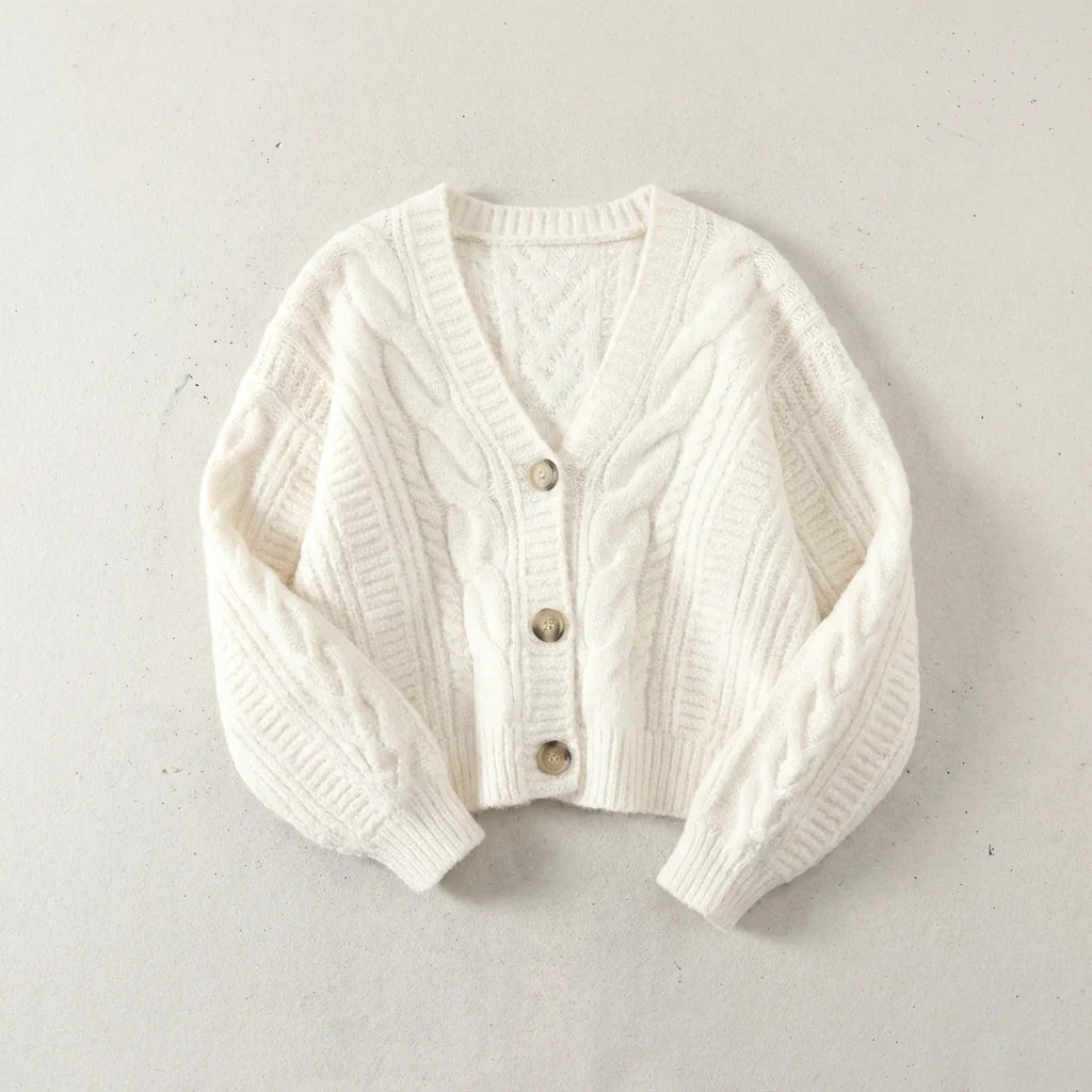 White Women's Cable Knit Cropped Cardigan with Button-Front Closure — Diana
