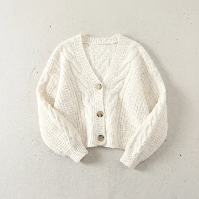 White Women's Cable Knit Cropped Cardigan with Button-Front Closure — Diana