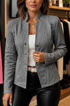 Dark Gray Women's Textured Knit Open Front Blazer with Stand Collar & Relaxed Fit - Retail Detail