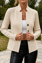 Khaki Women's Textured Knit Open Front Blazer with Stand Collar & Relaxed Fit