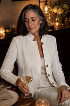 Women's Textured Knit Open Front Blazer with Stand Collar & Relaxed Fit - Dinner Scene