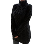Black Women's Cable Knit Sweater Dress with Turtleneck & Relaxed Long Sleeves
