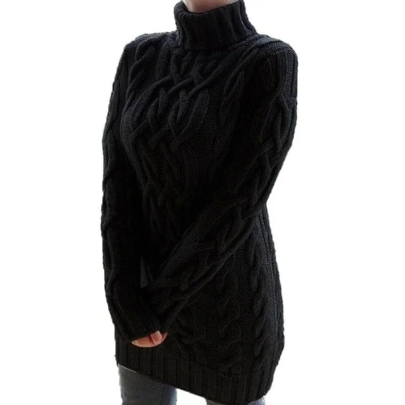 Black Women's Cable Knit Sweater Dress with Turtleneck & Relaxed Long Sleeves