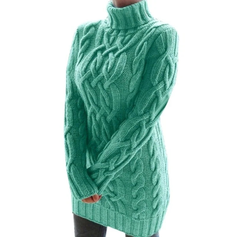 Green Women's Cable Knit Sweater Dress with Turtleneck & Relaxed Long Sleeves