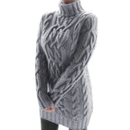 Grey Women's Cable Knit Sweater Dress with Turtleneck & Relaxed Long Sleeves