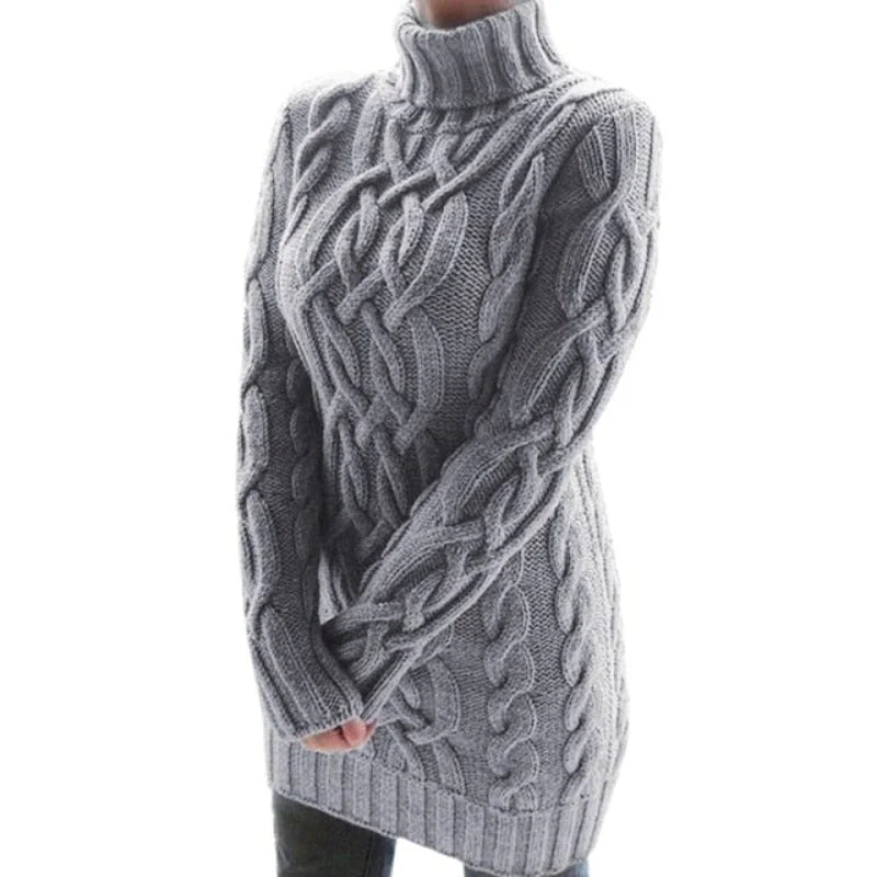 Grey Women's Cable Knit Sweater Dress with Turtleneck & Relaxed Long Sleeves