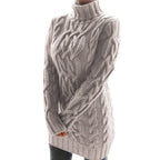 Khaki Women's Cable Knit Sweater Dress with Turtleneck & Relaxed Long Sleeves