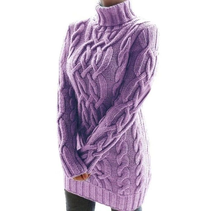 Purple Women's Cable Knit Sweater Dress with Turtleneck & Relaxed Long Sleeves
