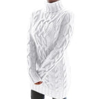 White Women's Cable Knit Sweater Dress with Turtleneck & Relaxed Long Sleeves