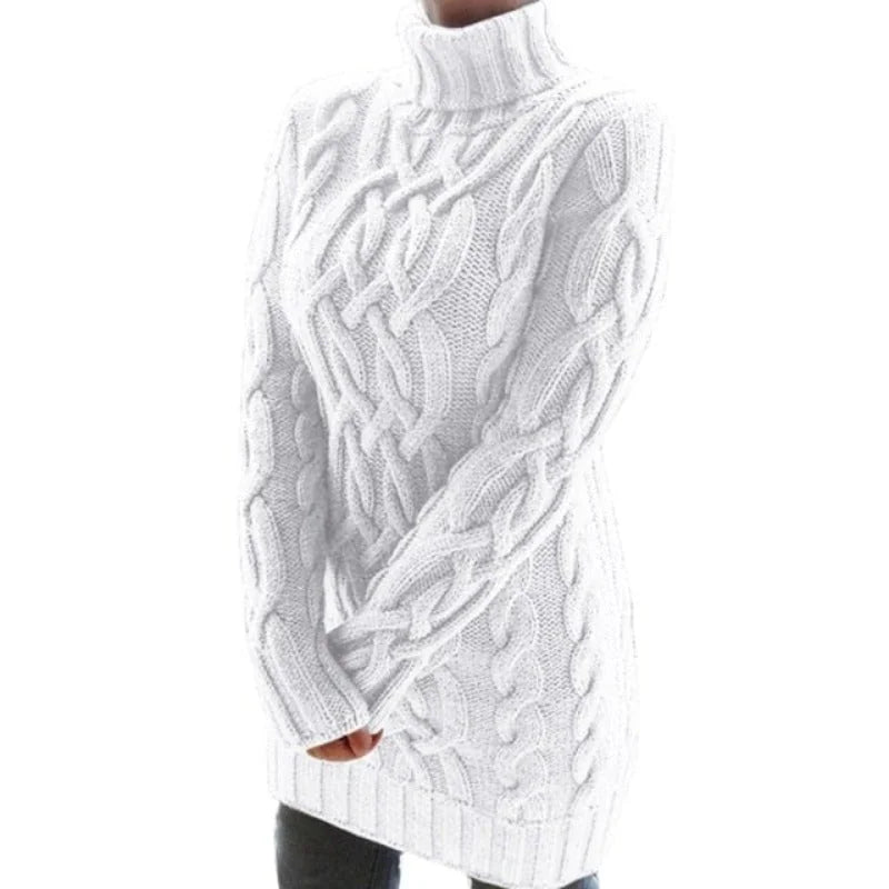 White Women's Cable Knit Sweater Dress with Turtleneck & Relaxed Long Sleeves