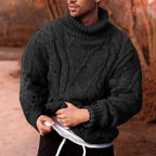 Black Men's Turtleneck Sweater with Cable Knit Texture & Ribbed Cuffs