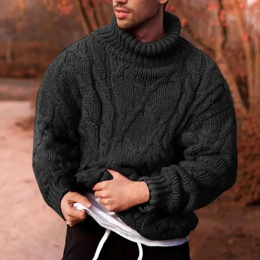 Black Men's Turtleneck Sweater with Cable Knit Texture & Ribbed Cuffs