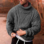 Gray Men's Turtleneck Sweater with Cable Knit Texture & Ribbed Cuffs