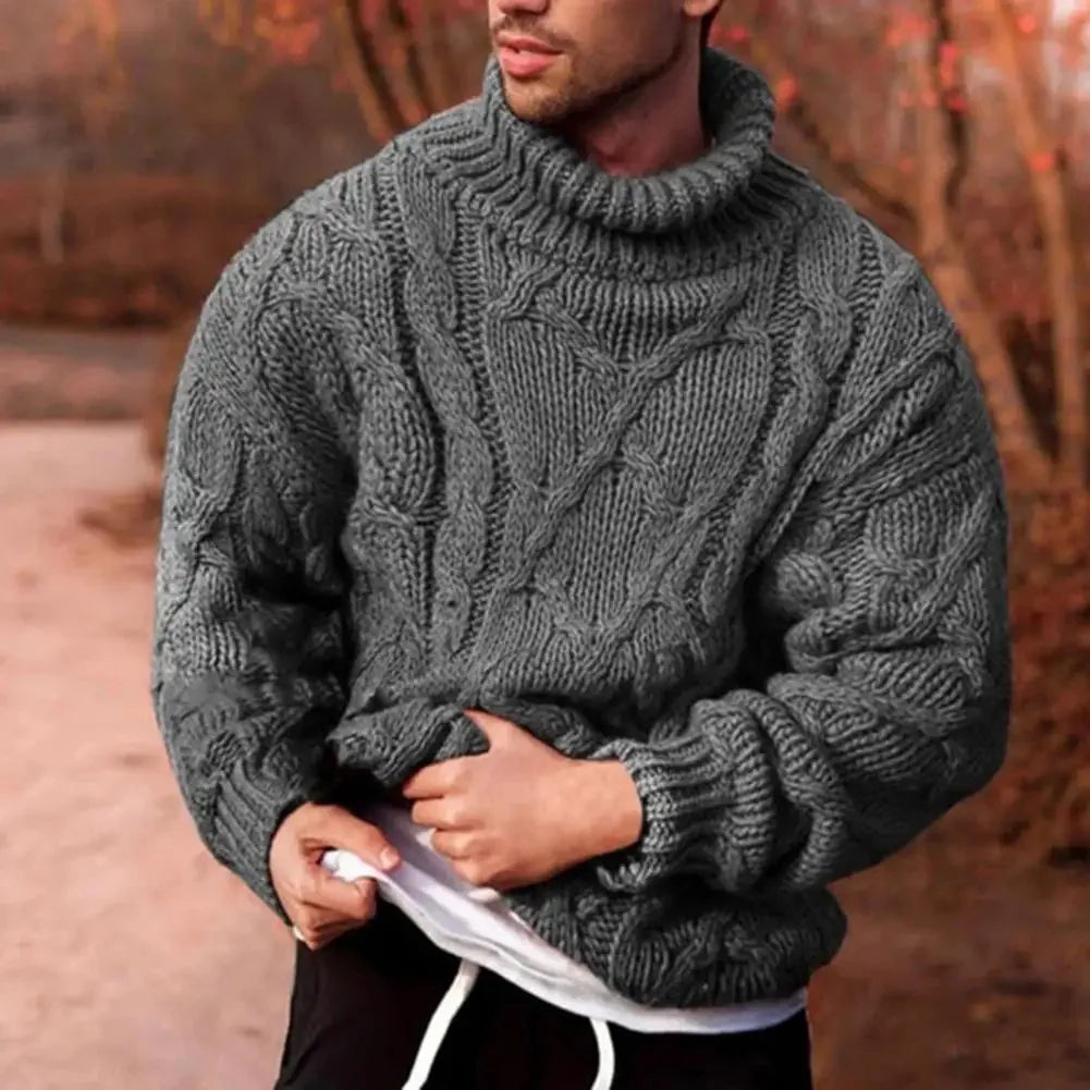Gray Men's Turtleneck Sweater with Cable Knit Texture & Ribbed Cuffs