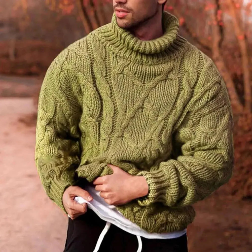Green Men's Turtleneck Sweater with Cable Knit Texture & Ribbed Cuffs