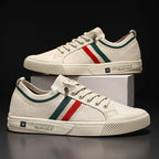 Beige Men's Striped Canvas Sneakers — Griffin Lace-Up Low-Top Casual - Pair Front Back Studio