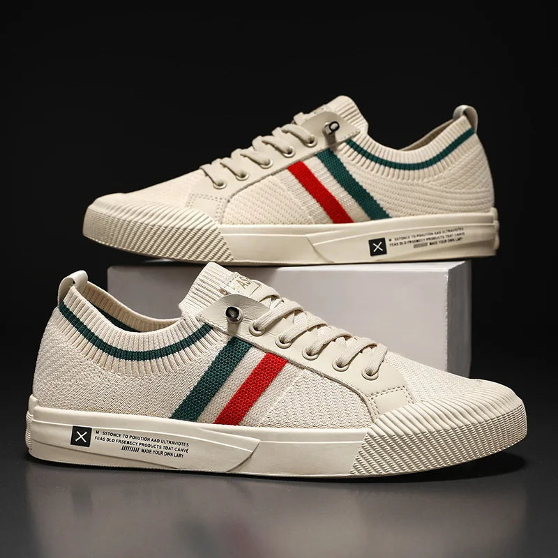 Beige Men's Striped Canvas Sneakers — Griffin Lace-Up Low-Top Casual - Pair Front Back Studio
