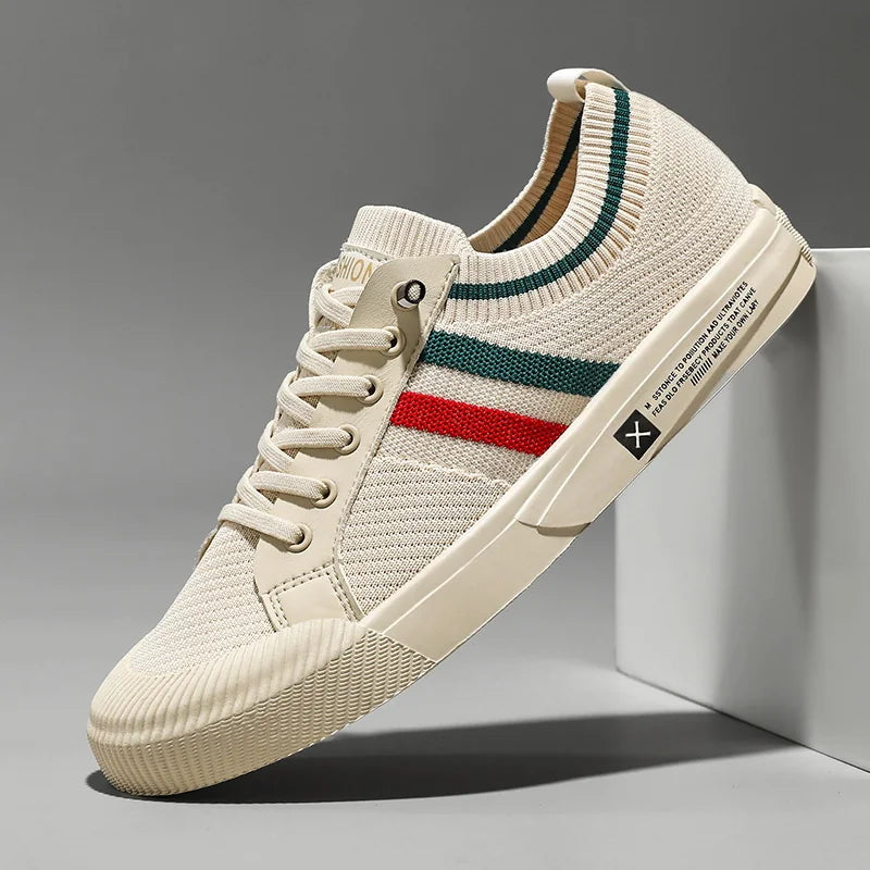 Beige Men's Striped Canvas Sneakers — Griffin Lace-Up Low-Top Casual - Side Profile Studio