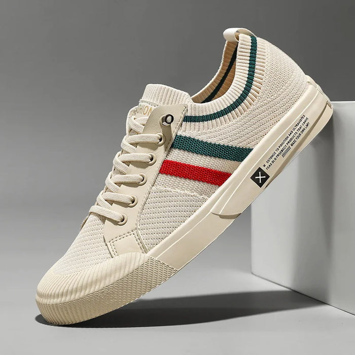 Beige Men's Striped Canvas Sneakers — Griffin Lace-Up Low-Top Casual - Side Profile Studio