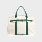 Racing Green Women's Canvas Tote Handbag with Turn-Lock Closure & Contrast Straps - Front Angle