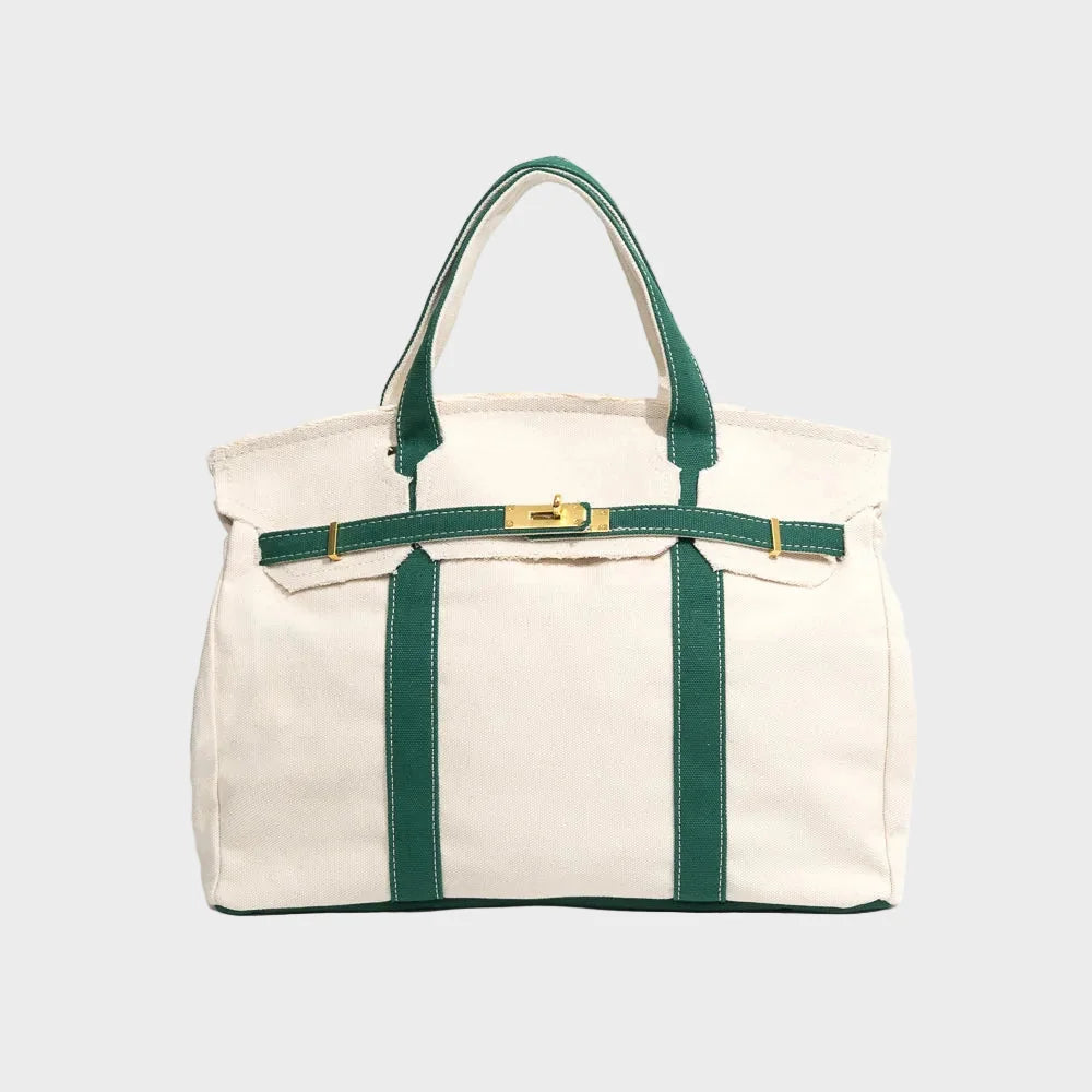 Racing Green Women's Canvas Tote Handbag with Turn-Lock Closure & Contrast Straps - Front Angle