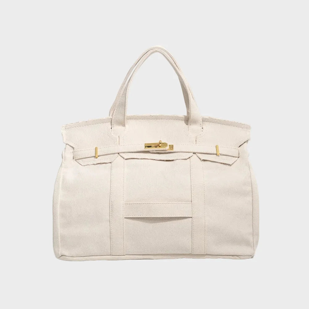 Linen Women's Canvas Tote Handbag with Turn-Lock Closure & Contrast Straps — Lila - White Back Full