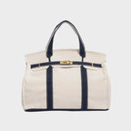 Navy Blue Women's Canvas Tote Handbag with Turn-Lock Closure & Contrast Straps - Front Full