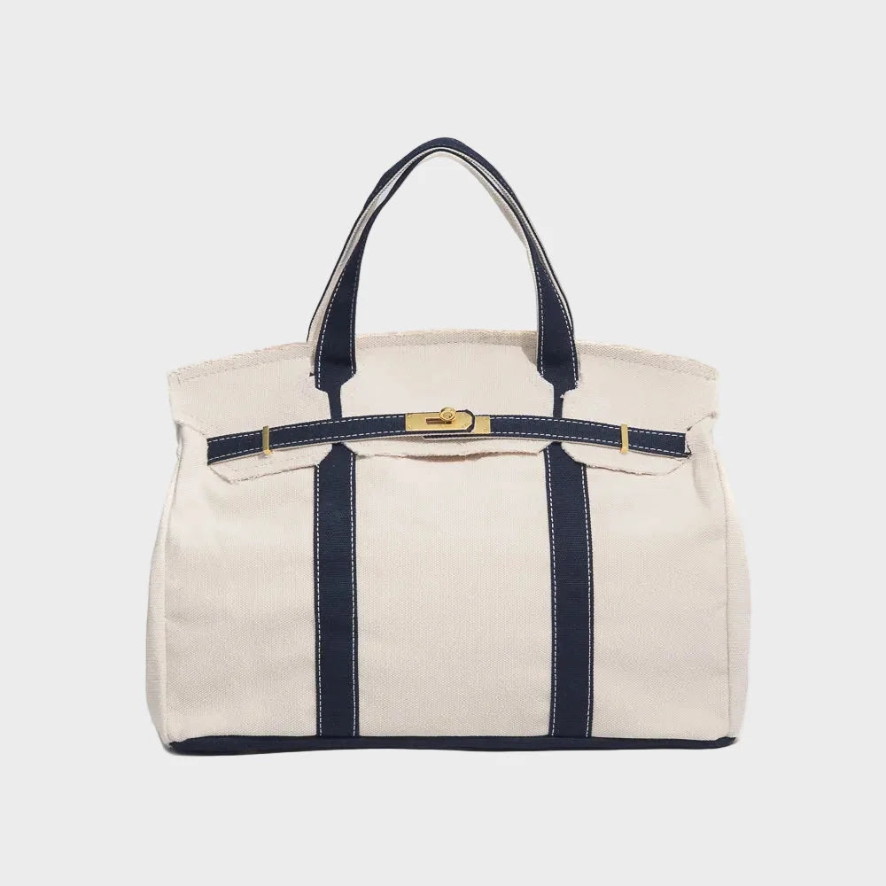 Navy Blue Women's Canvas Tote Handbag with Turn-Lock Closure & Contrast Straps - Front Full