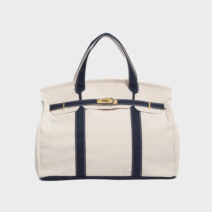 Navy Blue Women's Canvas Tote Handbag with Turn-Lock Closure & Contrast Straps - Front Full