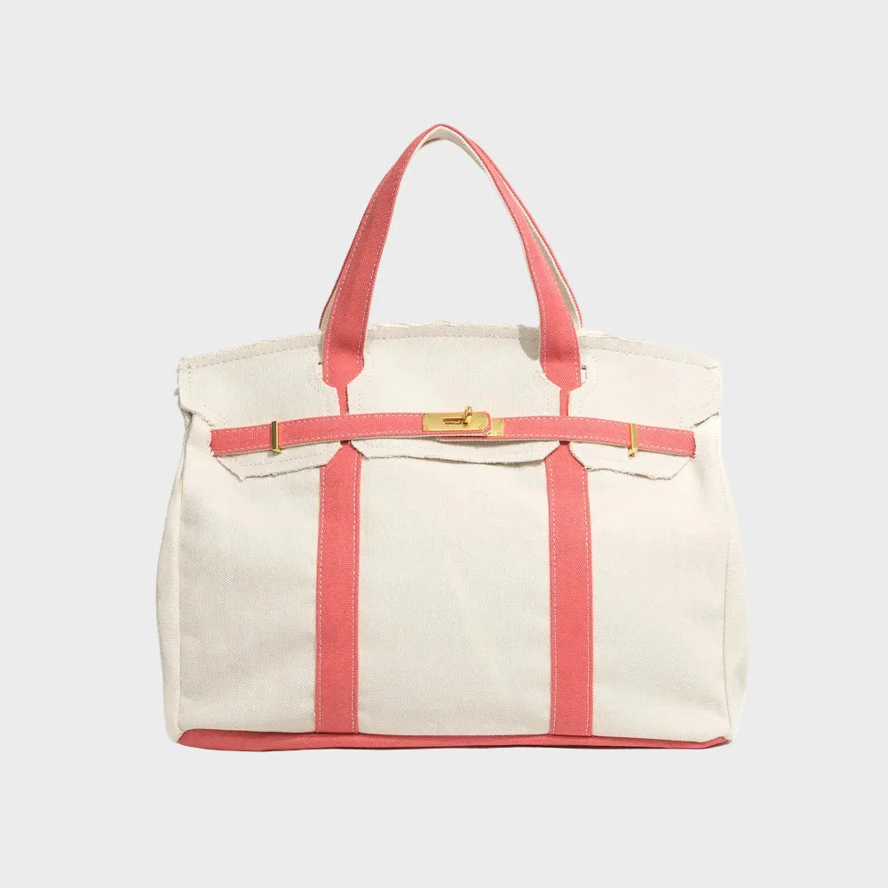 Lady Pink Women's Canvas Tote Handbag with Turn-Lock Closure & Contrast Straps - Front Pose