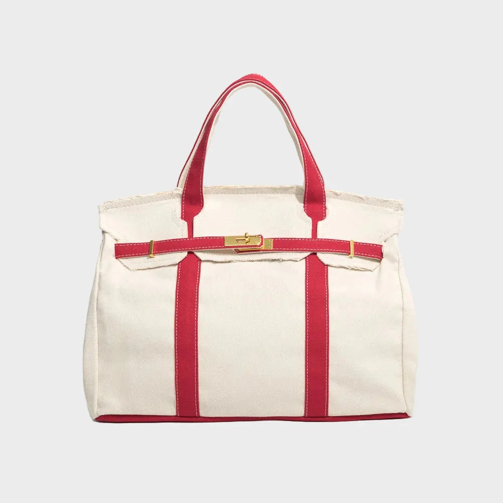 Fire Red Women's Canvas Tote Handbag with Turn-Lock Closure & Contrast Straps - Front View